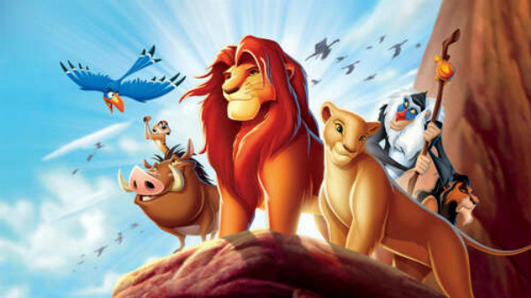 Тварини - герої мультфільму "Король Лев" (The Lion King) стоять на краю скелі на чолі з Сімбою