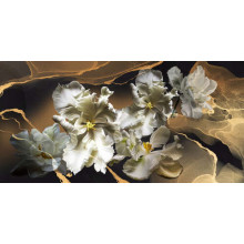 Кудрявые лепестки белых тюльпанов на фоне мраморного узора
