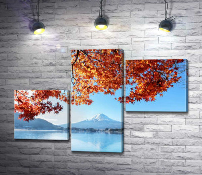 Модульна картина "Осінній вид на гору Фудзі (Mount Fuji) з вод озера"