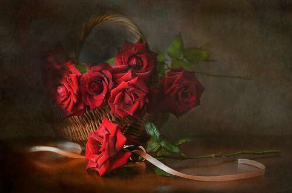 Красный бархат цветов роз в плетеной корзине