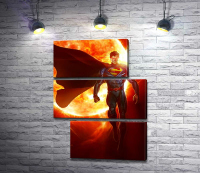 Модульная картина "Супермен (Superman) на фоне раскаленного солнечного шара"