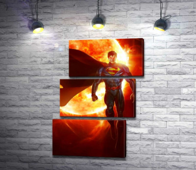 Модульна картина "Супермен (Superman) на фоні розжареної сонячної кулі"