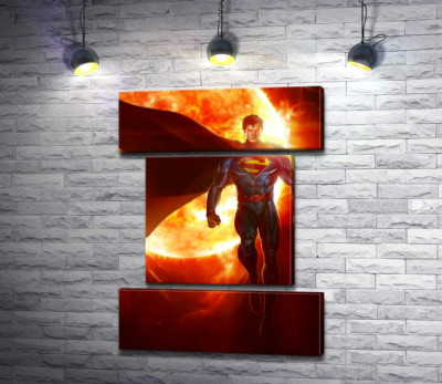 Модульна картина "Супермен (Superman) на фоні розжареної сонячної кулі"