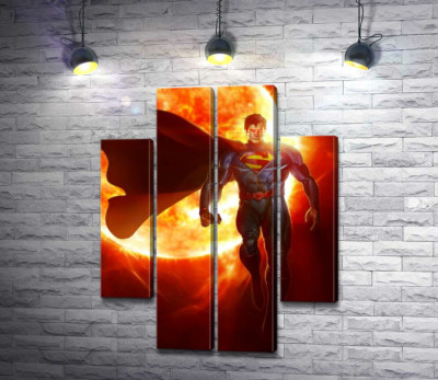 Модульная картина "Супермен (Superman) на фоне раскаленного солнечного шара"
