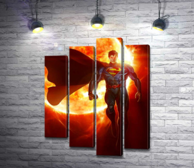 Модульная картина "Супермен (Superman) на фоне раскаленного солнечного шара"