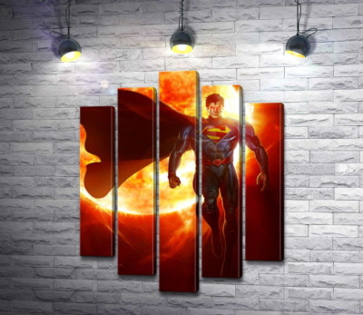 Модульная картина "Супермен (Superman) на фоне раскаленного солнечного шара"