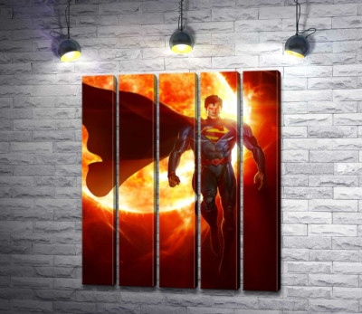 Модульна картина "Супермен (Superman) на фоні розжареної сонячної кулі"