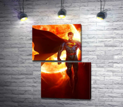 Модульна картина "Супермен (Superman) на фоні розжареної сонячної кулі"