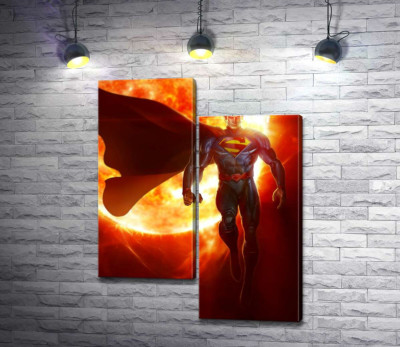 Модульна картина "Супермен (Superman) на фоні розжареної сонячної кулі"