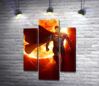 Модульная картина "Супермен (Superman) на фоне раскаленного солнечного шара"