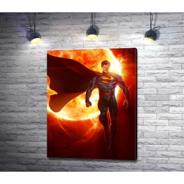 Супермен (Superman) на фоні розжареної сонячної кулі