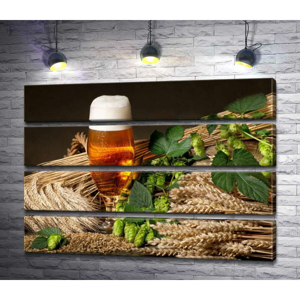 Стакан янтарного пива среди снопов пшеницы, ячменя и зеленых головок хмеля