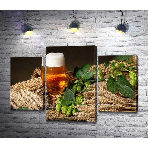 Стакан янтарного пива среди снопов пшеницы, ячменя и зеленых головок хмеля