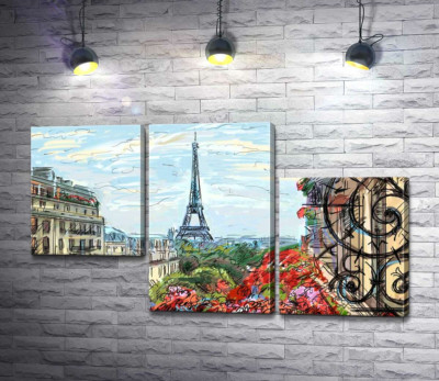 Модульная картина "Эйфелева башня (Eiffel tower) виднеется с летнего балкона старого дома"