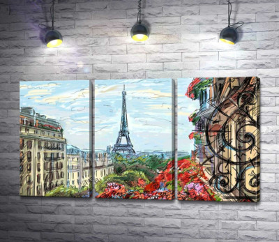 Ейфелева вежа (Eiffel tower) видніється з літнього балкону старого будинку
