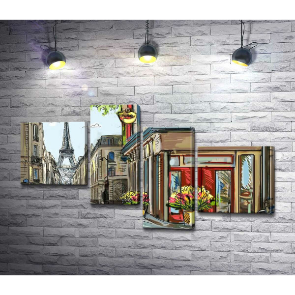 Уютная парижская улица ведет мимо цветочного магазинчика к Эйфелевой башне (Eiffel tower)