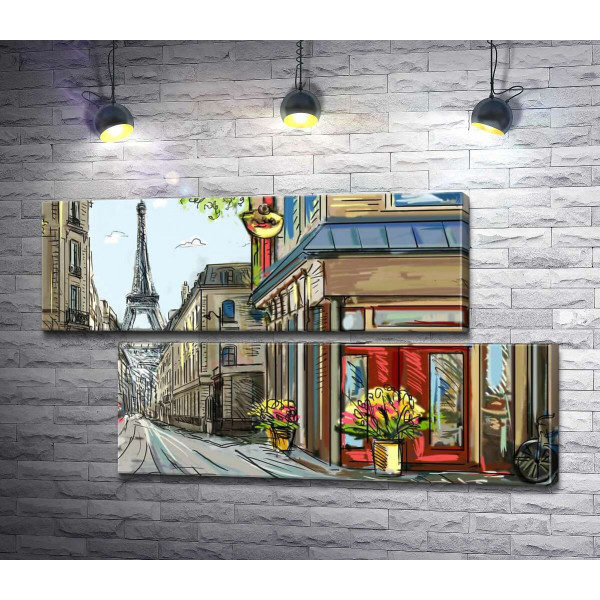 Уютная парижская улица ведет мимо цветочного магазинчика к Эйфелевой башне (Eiffel tower)