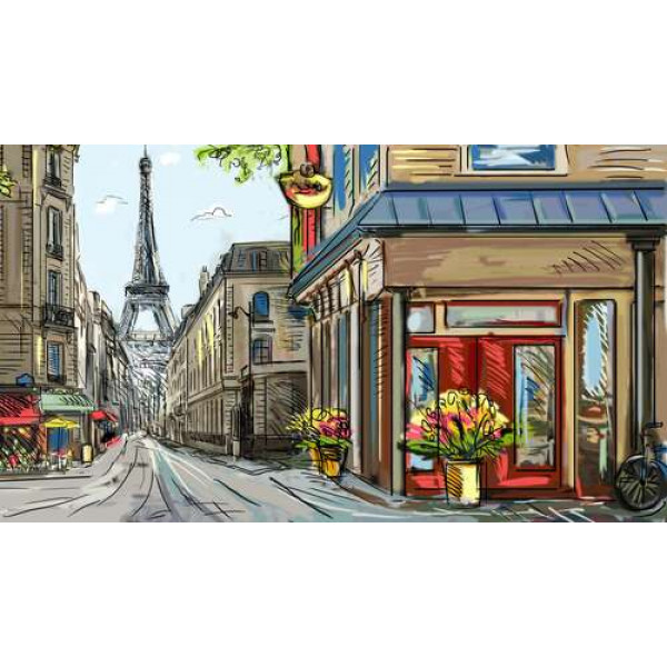Затишна паризька вулиця веде повз квітковий магазинчик до Ейфелевої вежі (Eiffel tower)