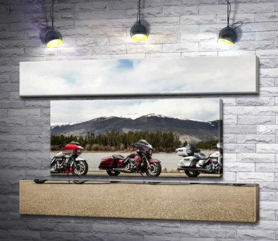 Модульная картина "Три мотоцикла Harley-Davidson Road Glide стоят на берегу реки"