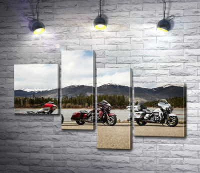 Модульная картина "Три мотоцикла Harley-Davidson Road Glide стоят на берегу реки"