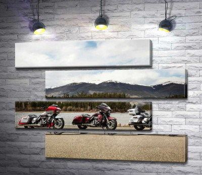 Три мотоцикла Harley-Davidson Road Glide стоят на берегу реки