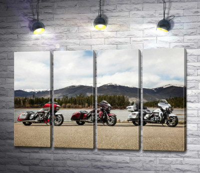 Три мотоцикла Harley-Davidson Road Glide стоят на берегу реки