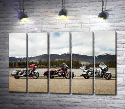 Три мотоцикли Harley-Davidson Road Glide стоять на березі річки