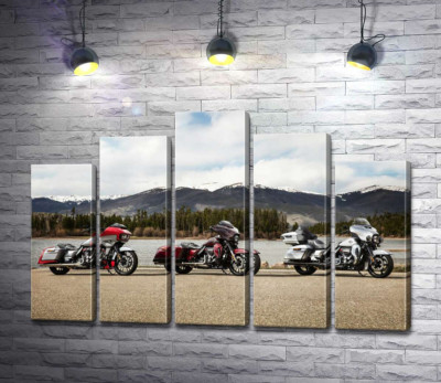 Модульная картина "Три мотоцикла Harley-Davidson Road Glide стоят на берегу реки"