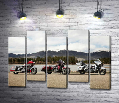 Модульная картина "Три мотоцикла Harley-Davidson Road Glide стоят на берегу реки"