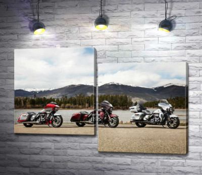 Три мотоцикли Harley-Davidson Road Glide стоять на березі річки