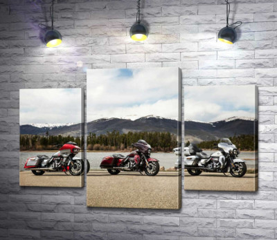 Три мотоцикли Harley-Davidson Road Glide стоять на березі річки