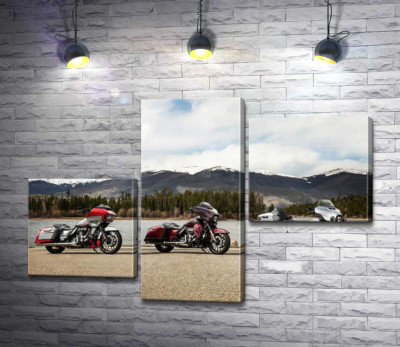 Модульная картина "Три мотоцикла Harley-Davidson Road Glide стоят на берегу реки"