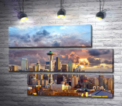 Модульная картина "Обзорная башня Space Needle потерялась среди небоскребов Сиэтла"