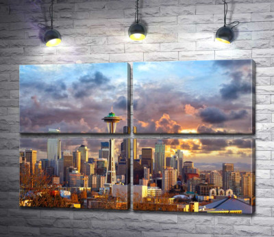 Модульна картина "Оглядова вежа Space Needle загубилась серед хмарочосів Сіетла"