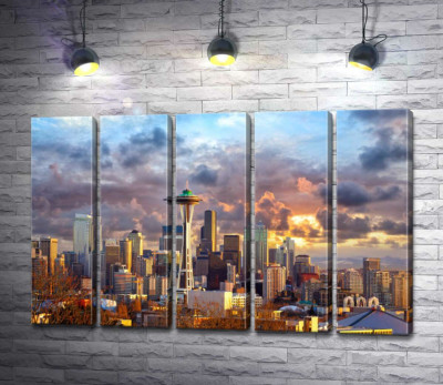 Модульная картина "Обзорная башня Space Needle потерялась среди небоскребов Сиэтла"