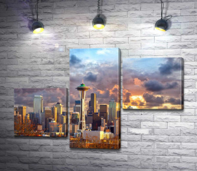 Модульная картина "Обзорная башня Space Needle потерялась среди небоскребов Сиэтла"
