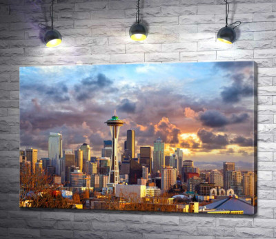 Обзорная башня Space Needle потерялась среди небоскребов Сиэтла