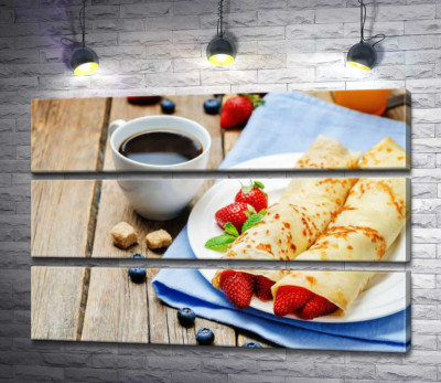 Модульная картина "Блинчики с клубникой и кофе на завтрак"