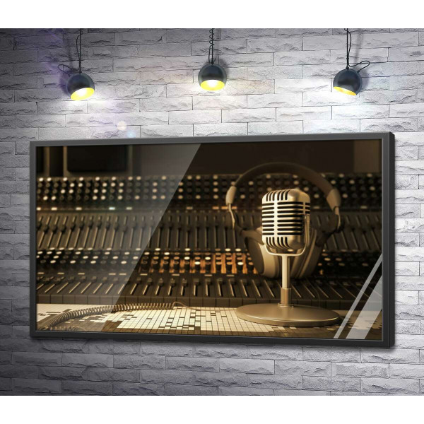 Микрофон, наушники и микшерный пульт в звукозаписывающей студии