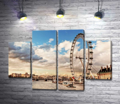 Модульная картина "Колесо обозрения "Лондонский глаз" (London eye) нависло над водами Темзы"