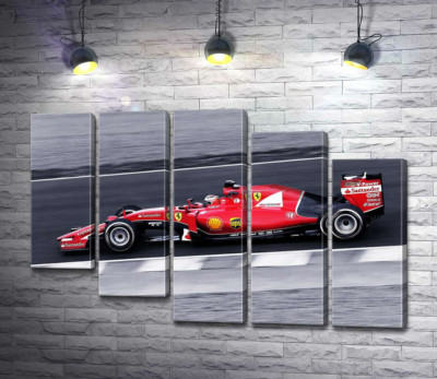 Модульная картина "Красный автомобиль Ferrari на гоночной трассе "Формулы-1""