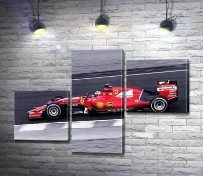 Модульная картина "Красный автомобиль Ferrari на гоночной трассе "Формулы-1""
