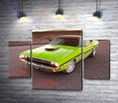 Модульная картина "Яркий автомобиль Dodge Challenger на дороге среди пустыни"