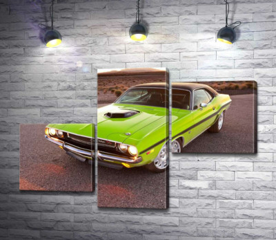 Модульная картина "Яркий автомобиль Dodge Challenger на дороге среди пустыни"