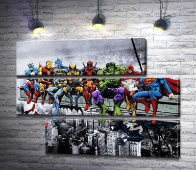 Модульная картина "Обед супергероев Marvel на небоскребе"