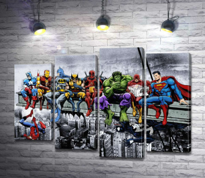 Модульная картина "Обед супергероев Marvel на небоскребе"