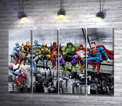 Модульная картина "Обед супергероев Marvel на небоскребе"