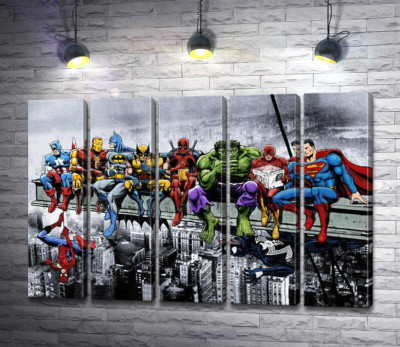 Модульная картина "Обед супергероев Marvel на небоскребе"