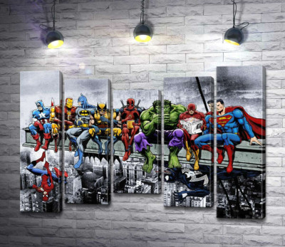 Модульна картина "Обід супергероїв Marvel на хмарочосі"