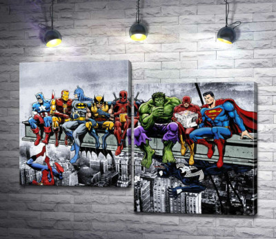 Модульная картина "Обед супергероев Marvel на небоскребе"